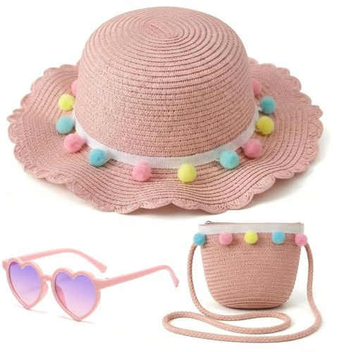 VorErgyllic Girls Pink Straw Sun Hat and Bag Set with Pink Heart Sunglasses