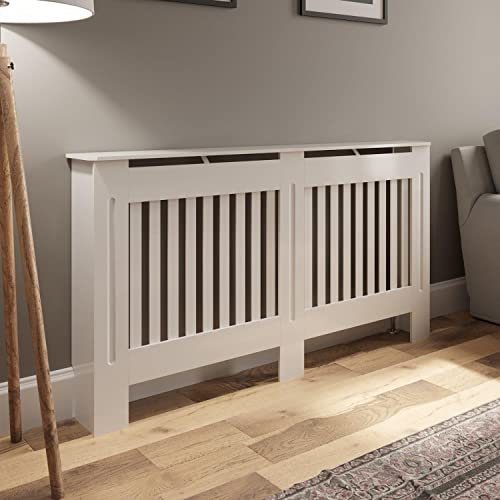 DuraTherm® Radiator Cover White Painted Modern Vertical Slat Shelves MDF Cabinet Shelf for Radiators, Living Rooms, Bedrooms, Large (W: 152cm / H: 81.5cm / D: 19cm)