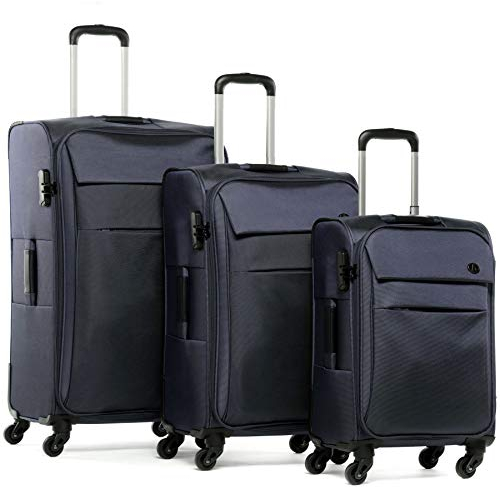 FERGÉ Kofferset Weichschale 3 teilig leicht Calais Reisekoffer Trolley-Set (Handgepäck, L, XL) 3er Set Stoff-Koffer Roll-Koffer 4 Rollen Stretch-Flex blau