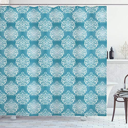 ABAKUHAUS Blau und weiß Duschvorhang, Curly Blumen, Stoffliches Gewebe Badezimmerdekorationsset mit Haken, 175 x 200 cm, Blau und weiß