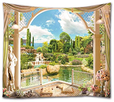 A.Monamour Wandteppiche 3D Balkon Gartenansicht Blumen Bäume Skulptur Palast Im Freien Natur Landschaft Druck Stoff Wandteppich Dekorative Wandbehänge Für Schlafzimmer Wohnzimmer Schlafsäle 153X229 Cm