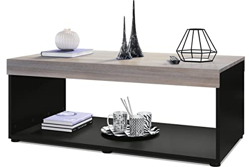 Vladon Couchtisch Pure, Made in Germany, Wohnzimmertisch in Kastenform, Schwarz matt/Eiche Nordic (104 x 40,5 x 58 cm)