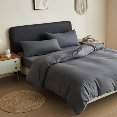 King Duvet Cover Set Anti-Allergy Brushed Microfibre Bedding Soft Plain Bed Linen with Pillowcase(s) Hypoallergenic Quilt Cover Set (Charcoal Grey, King)