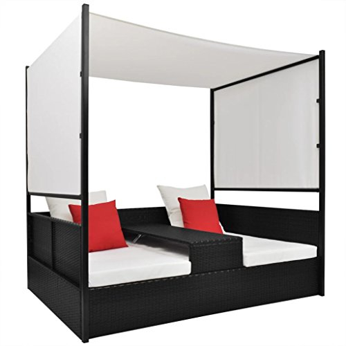 Ksodgun Gartenbett mit Baldachin Sonnenliege Sonneninsel Tagesbett Outdoor Garten - Schwarz 190×130 cm Poly Rattan