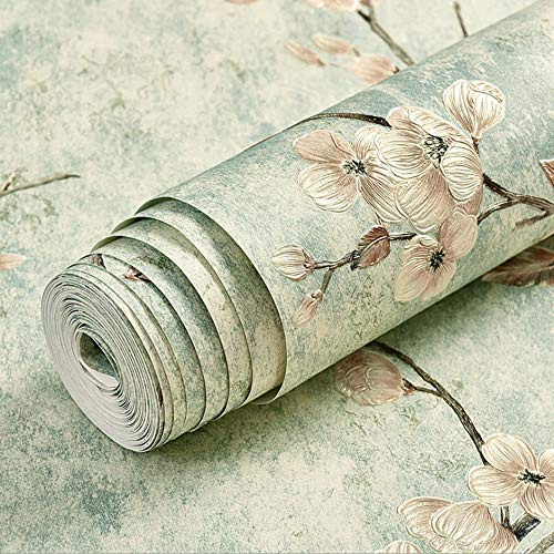 通用 3D Flower Tree Country Pastoral Retro Style Clothing Store Cafe Restaurant Bedroom Living Room TV Background Wall Non-Woven Wallpaper 20.87″Wx393.7″L Non-Pasted (Light Cyan)