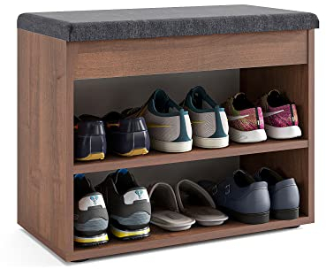 KOMTO Schuhbank mit Sitzfläche - Schuhregal Bank mit Stauraum Nussbaum 60 x 48 x 32 cm Kleiner Schuhschrank mit Sitzbank Flur Bank Garderobenbank Sofia