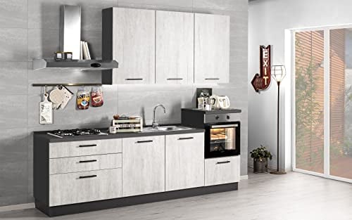 Dafne Italian Design Küche komplett mit Geräten (Backofen, Waschbecken, Dunstabzugshaube) Industrie-Stil - cm. 270 x 60 x 240 - Blei, Eiche weiß - Ofen rechts