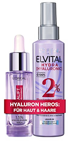 L’Oréal Paris Pflegeset für Haut und Haare, Gesichtsserum mit 1,5% purer Hyaluronsäure und Vitamin C, Haarserum mit Hyaluron für glänzendes Haar, Revitalift Filler, Elvital Hydra Hyaluronic, 2- teilig