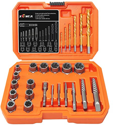 XEWEA Set di 26 estrattori per viti e bulloni con kit di punte per trapano a sinistra 【con adattatore esagonale】, set di chiavi a bussola per rimuovere viti danneggiate, congelate, arrugginite,