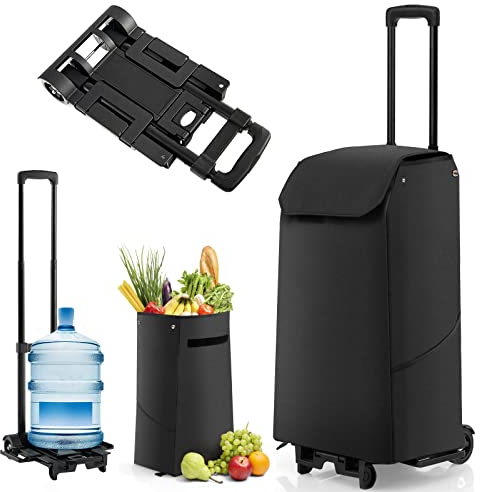 COSTWAY 2 in 1 Foldable Shopping Trolley, 3 Height Adjustable Portable Shopping Cart on Wheels with Bottom Extendable Design & Detachable Bag, Supermarket Rolling Grocery Bag/Hand Tuck (Black)