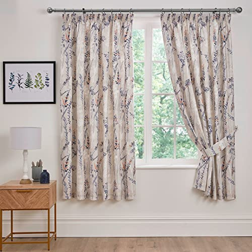 Dreams & Drapes Design - Wild Stems - Pair of Pencil Pleat Curtains With Tie-Backs - 66 Width x 72 Drop (168 x 183cm) Bed Size in Blue