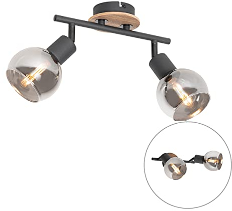QAZQA - Modern Deckenleuchte I Deckenlampe I Lampe I Leuchte schwarz mit Rauchglas und Holz 2-flammig-flammig - Vidro I Wohnzimmer I Schlafzimmer - Länglich - LED geeignet E14