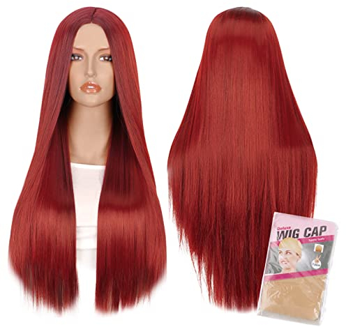 BOFUNX Parrucca Rossa Lunga 75cm Liscia Sintetica da Donna, Anime Con 2pcs Cappuccio per Halloween Cosplay Strega Carnevale Party Uomo