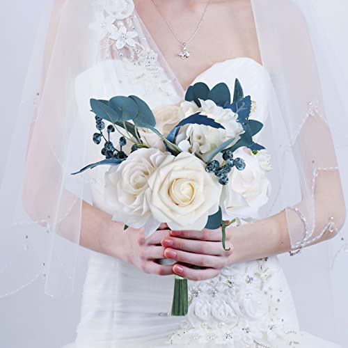 Fouriding Hochzeit Bouquet Vintage Style cremig weiß blau Rose Braut Braut künstliche Bouquet Brautjungfer Hochzeit Dekoration Sträuße (Klein)