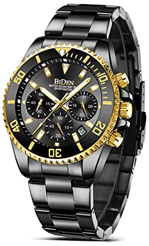 HANPOSH Herren Uhr Uhren Herren Chronographen Edelstahl Wasserdicht Armbanduhr Herren Quarz Uhren mit Datum Business Casual Uhr für Männer (A08-Schwarz Gold)