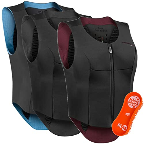 RL24 - Damen Rückenprotektor Komperdell Ballistic Flex Fit Slim inkl. MagicBrush | Reitschutzweste in schwarz/stahlblau & Pferdebürste Set | leichte & Flexible Ausführung | Größe S
