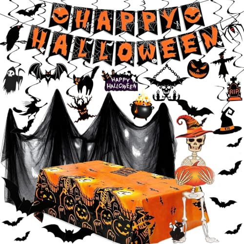 iZoeL XXL Halloween Deko, Happy Halloween Girlande, Tischdecke, Party Stoff | Halloween Partydeko mit Girlande, Tischdecke,Party Stoff, Spiralen Deckendeko, Papierskelettgeister,Fledermausdeko aus Papier