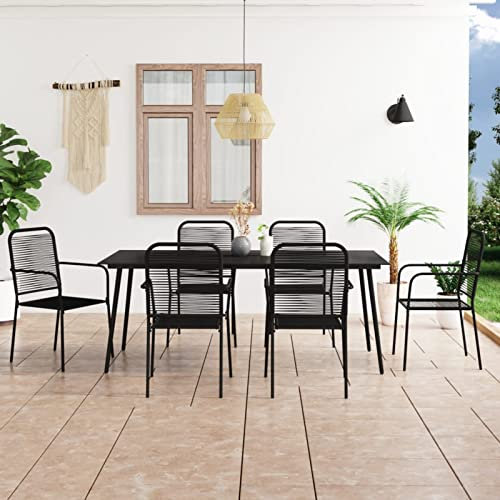 Homgoday 7-Piece Garden Dining Set Garden Furniture Garden Furniture Set Dining Set Garden Table Garden Chair Patio Furniture Cotton Rope and Steel Black