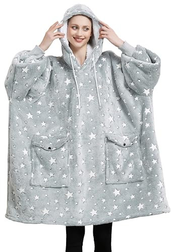 Ruiuzioong Tragbare Decke für Erwachsene, übergroße Decke mit Taschen für Frauen, superweiche und bequeme Decke (grauer Stern)