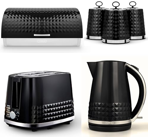 TOWER Solitaire Black 1.5L 3KW Jug Kettle, 2 Slice Toaster Bread Bin & Canisters. Matching Contemporary Design Kitchen Set of 6 in Black