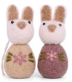 Gry & SIF bestickte Osterhasen Aufhänger, Ostern, Osterdeko, Handmade, Fairtrade | Anhänger weiße Bommelhäschen Bestickt, Pflaume und Beige, 2er Set