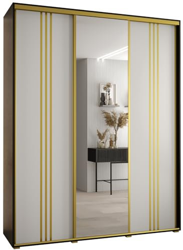 MEBLE KRYSPOL Davos 7 200 Schlafzimmerschrank mit DREI Schiebetüren - Moderner Aufbewahrungsschrank mit Spiegel, Kleiderstange und Regalen - 235,2x200x60 cm - Schwarz Weiß Gold