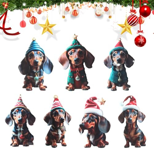 7 Stück Dackel deko,Christbaumschmuck Dackel,Dachshund Christmas Decorations,Lustige Verzierungen Auto,Weihnachtsbaum Hund Auto HäNger für Zuhause und Auto(Acryl).
