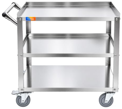 Treshin 3 Tier Stainless Steel Utility Cart, 19 W x 31.1 L x 33.58 H | Commercial Heavy Duty Metal Food Service Trolley Rolling with Handle for Kitchen Home Restaurant Hospital Lab and Hotel