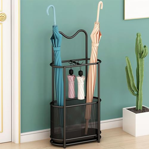 Metal Umbrella Holder Stand,Freestanding Umbrella Holder with Hooks and Drip Tray, Space Saving Umbrella Stand Rack Organizer for Entryway Home Office Patio Decor(30x15x60cm(12x6x24inch), Black)