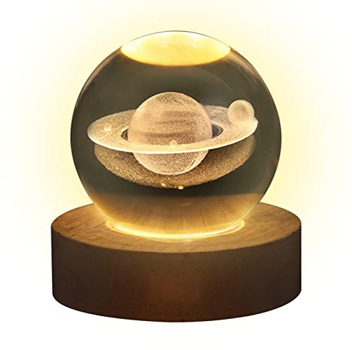 MISOYER Lámpara de Noche Con Bola de Cristal Saturno y Base de Madera | Luz Nocturna y Decoración del Modelo del Sistema Solar