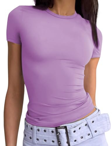 TrendiMax Damen T-Shirt Slim Fit Y2K Oberteile Sexy Cropped Sommer Tops Basic Tee Rundhals Crop Top Einfarbig Kurzarm T Shirt (S, Frisch Lila)