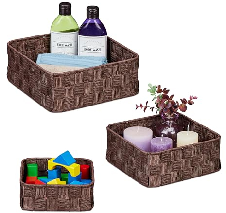 Relaxdays Aufbewahrungskorb 3er Set, Körbchen in 3 Größen, geflochten, Kunststoff, Metallrahmen, Körbe Badezimmer, braun