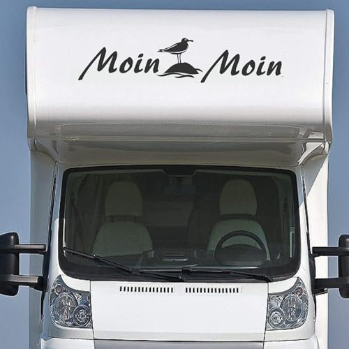 Rakelfix Wohnmobil Wohnwagen Aufkleber Schriftzug Moin Moin ca 160cm mit Möwe auf Stein WOMI WOWA Camping Van Sticker Autoaufk