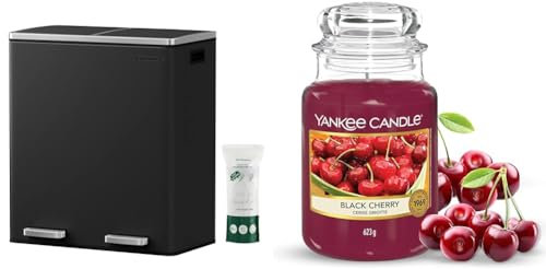 SONGMICS Double Rubbish Bin, 2 x 30L Waste and Recycling Kitchen Bin with 15 Rubbish Bags, Airtight, Black LTB60BK & Yankee Candle Scented Candle | Black Cherry Large Jar Candle