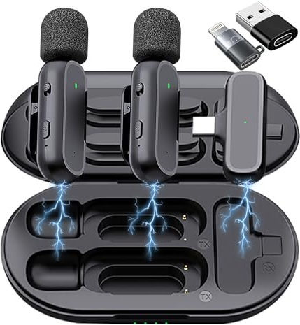2Pcs Wireless Lavalier Microphone for iPhone iPad with Charging Case 2.4G Ultra-Low Delay Built-in Noise Reduction Chip Clip on Lapel Mic for Video Recording YouTube Interview Vlogging, 65FT