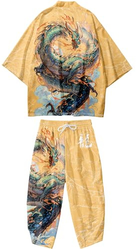 DOSLAVIDA Cardigan kimono japonais pour homme de style chinois ensemble veste et pantalon imprimé ouvert sur le devant à manches sept quarts haut et short, X-Large, 07-jaune