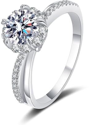 Whoiy 14K Weißgold Ringe Halo, Eheringe Trauringe Echt Gold 585 Damen Im Labor Gezüchteter Diamant 1ct Hochzeit Verlobungsring, D, VVS1-VVS2, Gr. 51 (16.2)