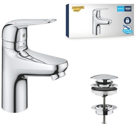 GROHE QUICKFIX - SWIFT, Mitigeur lavabo, avec bonde de vidage Clic-Clac, Sécurité enfant, outil de montage fourni, Economie d'eau, Taille S, Chromé, 24319001