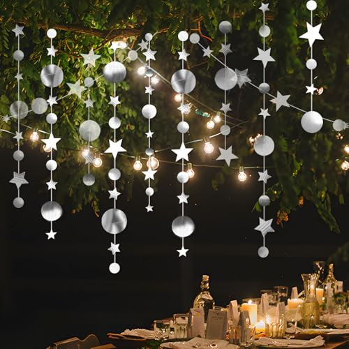 Guirlande de banderoles de 52 Pieds de Long, décoration de fête en Cercle irisé, Guirlande de banderoles étincelantes pour Les décorations de fête d'anniversaire (Argent)