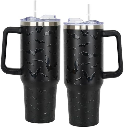 Halloween Tumbler With Lid and Straw--Halloween Gifts for Women Men-Halloween 40oz Tumblers With Handle Stainless Steel Insulated Tumblers-Black Bat Halloween Travel Mug Iced Coffee Cup(Black)