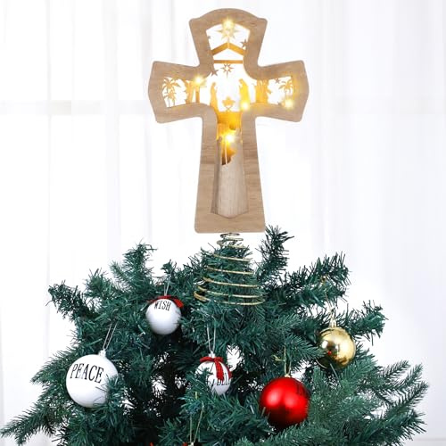 Vercraft Puntale per albero di Natale, 17,8 x 32 cm, in legno, con LED, religioso, rustico, illuminato, presepe, decorazioni natalizie per feste, ornamenti per tavoli