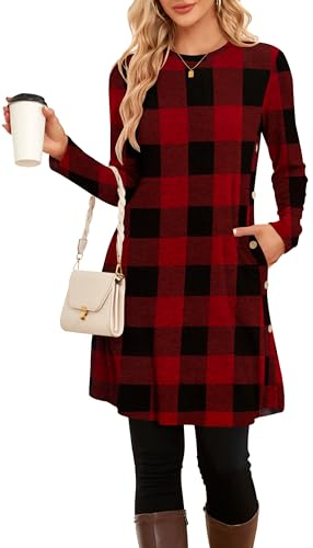SENBATU Winter-Pullover-Kleider für Damen, Midi-Langarm, Kausale Knöpfe, seitliches Tunika-Kleid mit Taschen, mittelrot, schwarz, kariert