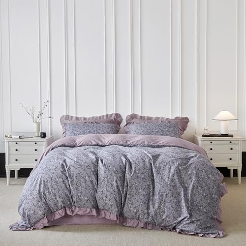 YuHeGuoJi Lavender Purple Floral Duvet Cover King 100% Cotton 3 Pcs Set 1 Lilac Purple Ruffle Duvet Cover with Zipper Ties 2 Pillow Shams Farmhouse Botanical Bedding Set Soft