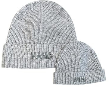 MAMARELLA Partnerlook Mützen Set in Grau, aus weichem Strick, Mama Baby Mütze Beanie, Mini Stickerei, Baby Geschen Geburt
