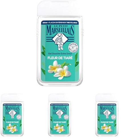 Le Petit Marseillais - Gel Douche Extra Doux Fleur de Tiaré (lot de 4 flacons de 250 ml) – 92% d'ingrédients d'origine naturelle – pH neutre pour la peau et sans colorant
