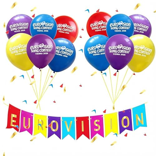 Eurovision-Partydekorationen 2026, Eurovision Song Contest-Dekorationen für Gartenbar-Restaurant, Eurovision-Partyzubehör – 12 Stück 16-Zoll-Luftballons und 1 Stück Bannerflagge
