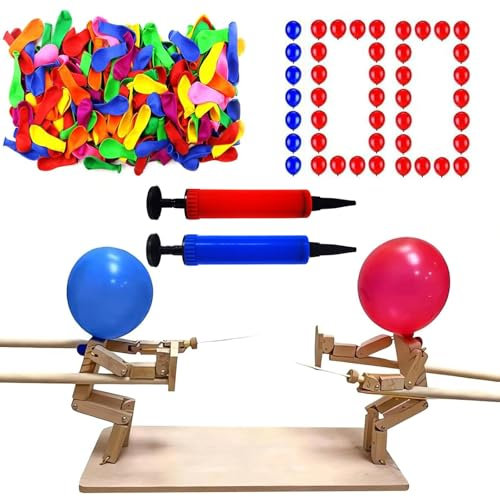 Bamboo Man Battle Game - 100 Balloons + 2 Pumps, Handmade Wooden Fencing for 2 Players