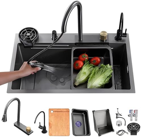 HZKSINNK 85x50cm Fregadero de Cocina de 1 Cubeta, cascada Fregadero de Acero Inoxidable, con Grifo Cocina Extraible, lavadora de vidrio, sifón, rebosadero y desagüe así como otros accesorios