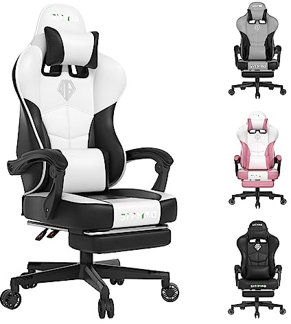 Gaming Chair With Footrest - Ergonomic Video Desk PC Gaming With Headrest Lumbar Support, PU Leather Height Adjustable 360° Swivel Office Seat for Adult-White