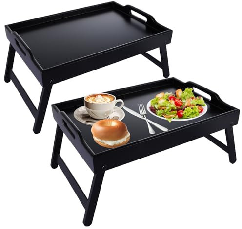 DAJAVE 2 Pcs Bamboo Bed Table Bed Tray with Folding Legs, Black Breakfast Trays Table with Handle Multipurpose Lap Trays for Sofa, Eating, Working, Used As Desk Snack Tray